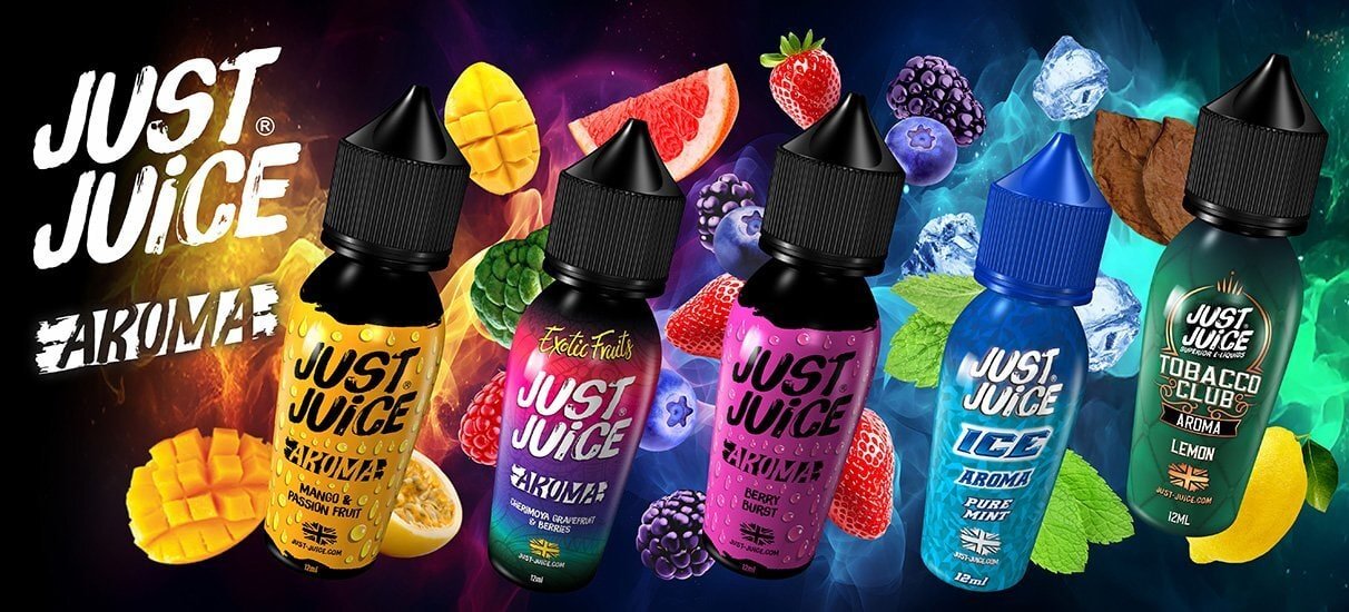 Φιάλες υγρών αναπλήρωσης Just Juice με φρουτένιες γεύσεις και χρωματιστά μπουκάλια.