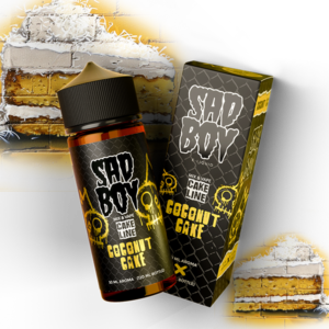 Sad Boy Coconut Cake vape bottle with cake slice background.