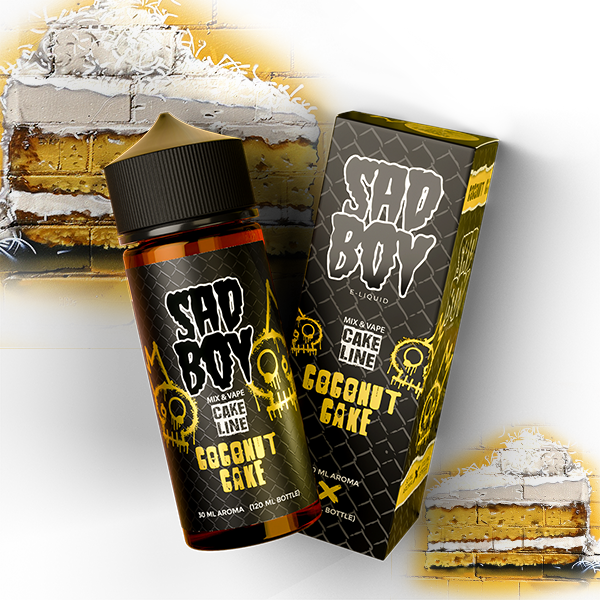 Sad Boy Coconut Cake vape bottle with cake slice background.