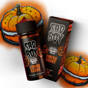 Sad Boy Pumpkin Cookie vape bottle and box on Halloween-themed background.