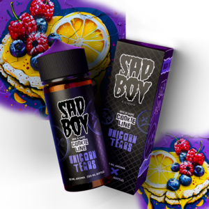 Sad Boy Unicorn Tears e-liquid bottle with colorful fruit background.