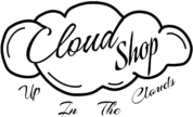 Λογότυπο Cloud Shop με σύννεφα και γραμματοσειρά σε μαύρο χρώμα.