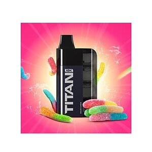 Τσιγάρο υγρού TITAN με γεύση sour και πολύχρωμα γλειφιτζούρια, ιδανικό για ηλεκτρονικό τσιγάρο και vaping.