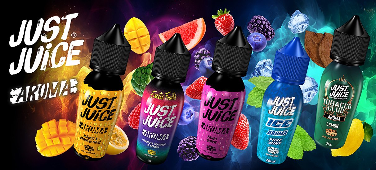 Φιάλες υγρών αναπλήρωσης Just Juice με φρουτένιες γεύσεις και χρωματιστά μπουκάλια.